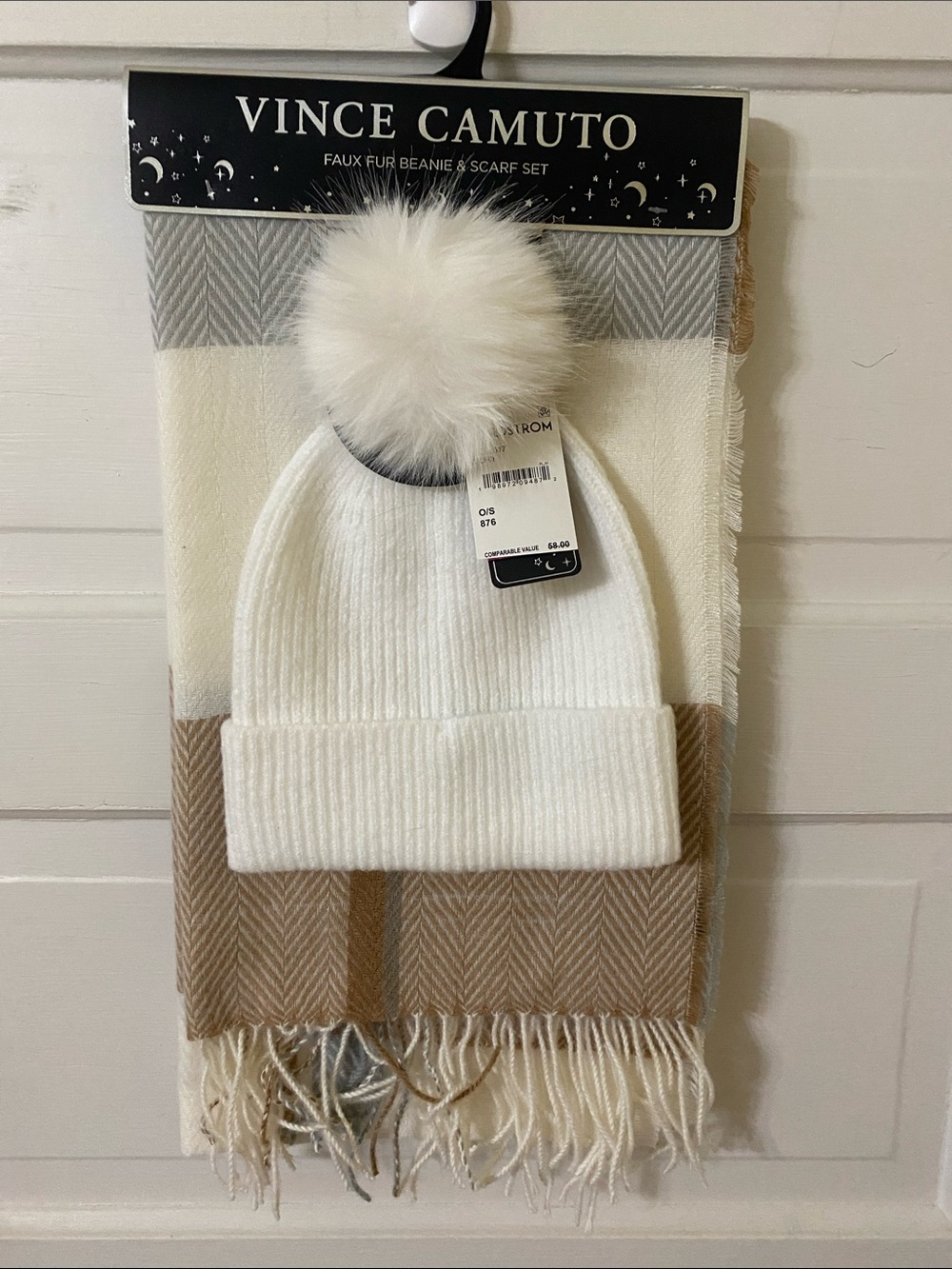 Vince Camuto Cream & Tan Faux Fur Pom Beanie with Coordinating Scarf